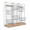 Wire storage rack with wooden base and six baskets 100 x 30 x 120cm